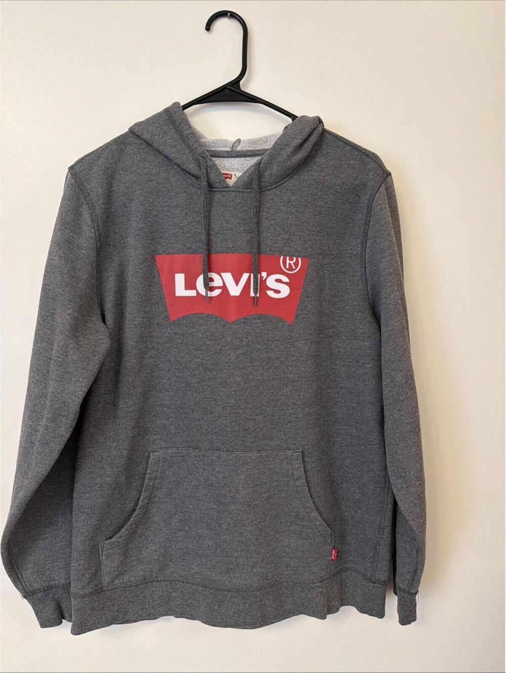 Levi’s Hoodie Mens Medium Gray Red Logo Pullover Fleece Sweatshirt Casual